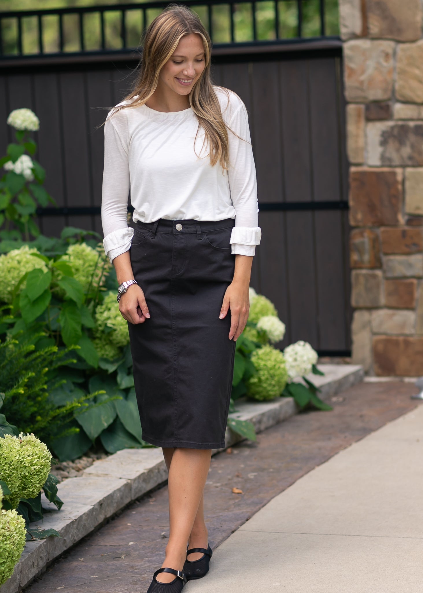 Remi Onyx Black Denim Midi Skirt Inherit Co.